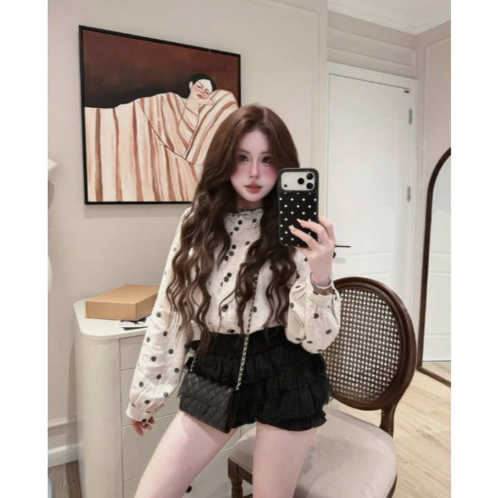 Áo sơ mi nữ, áo kiểu nữ DONNA HCOM27086 tay bồng dáng babydoll hoạ tiết chấm bi hot trend