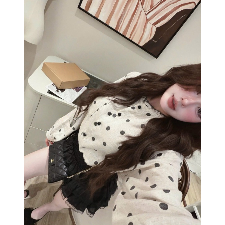 Áo sơ mi nữ, áo kiểu nữ DONNA HCOM27086 tay bồng dáng babydoll hoạ tiết chấm bi hot trend