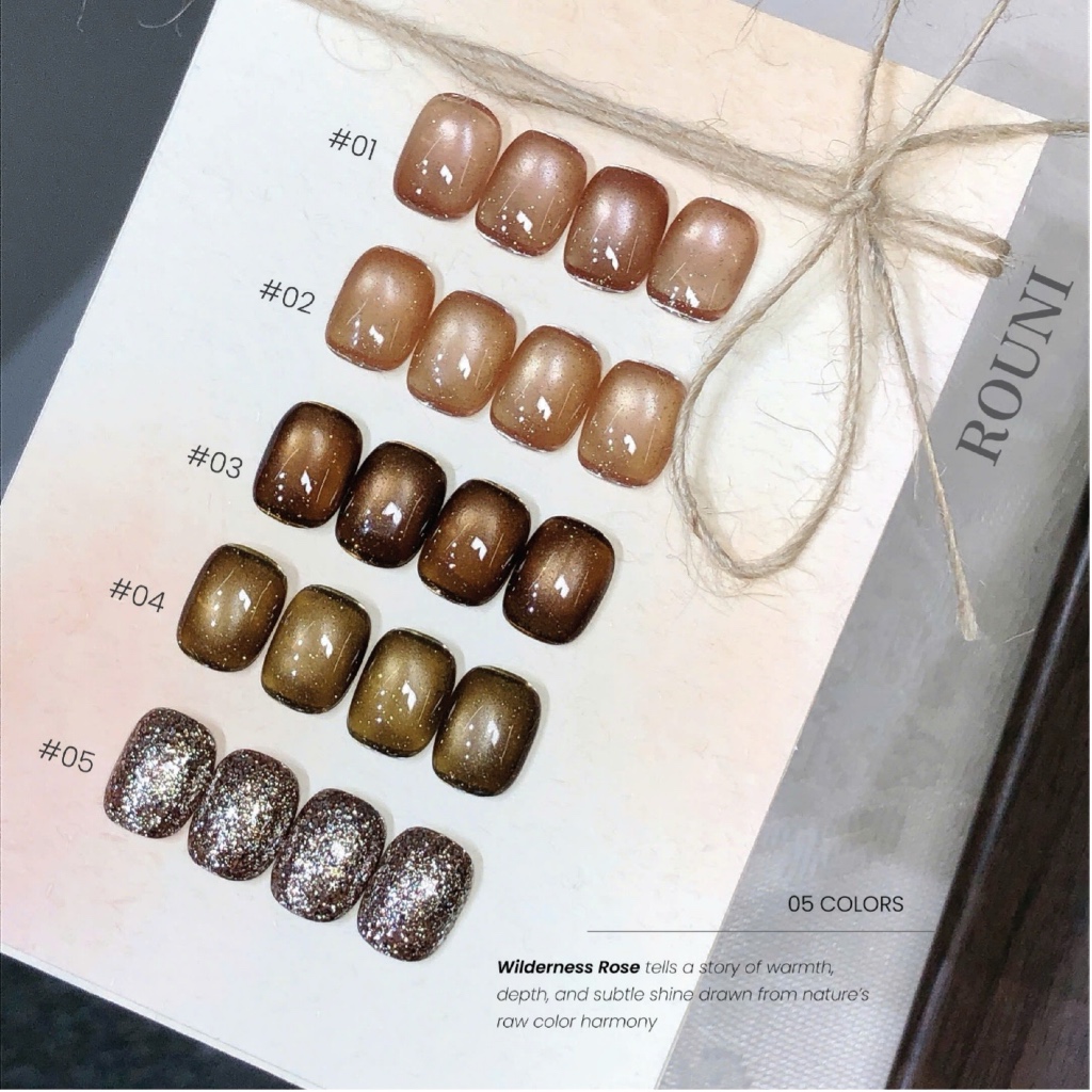 Sơn gel ROUNI Wilderness Rose 5 màu mắt mèo thuỷ tinh kết hợp nhũ lấp lánh tone nâu