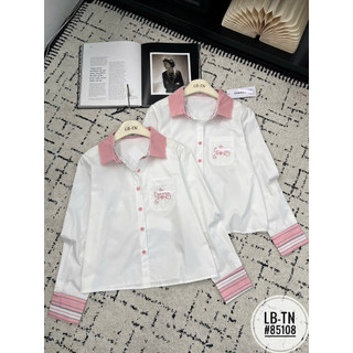 Áo sơ mi thô dài tay trắng cổ đức phối len hồng thêu chữ CL #85108