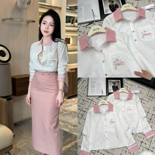 Áo sơ mi thô dài tay trắng cổ đức phối len hồng thêu chữ CL #85108