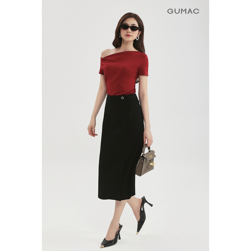 Áo Thun Nữ Kiểu Lệch Vai GUMAC Form Ôm Slimfit Nhún Nhẹ Eo Chất Thun Mịn Mềm Mát Co Giãn ATF03031