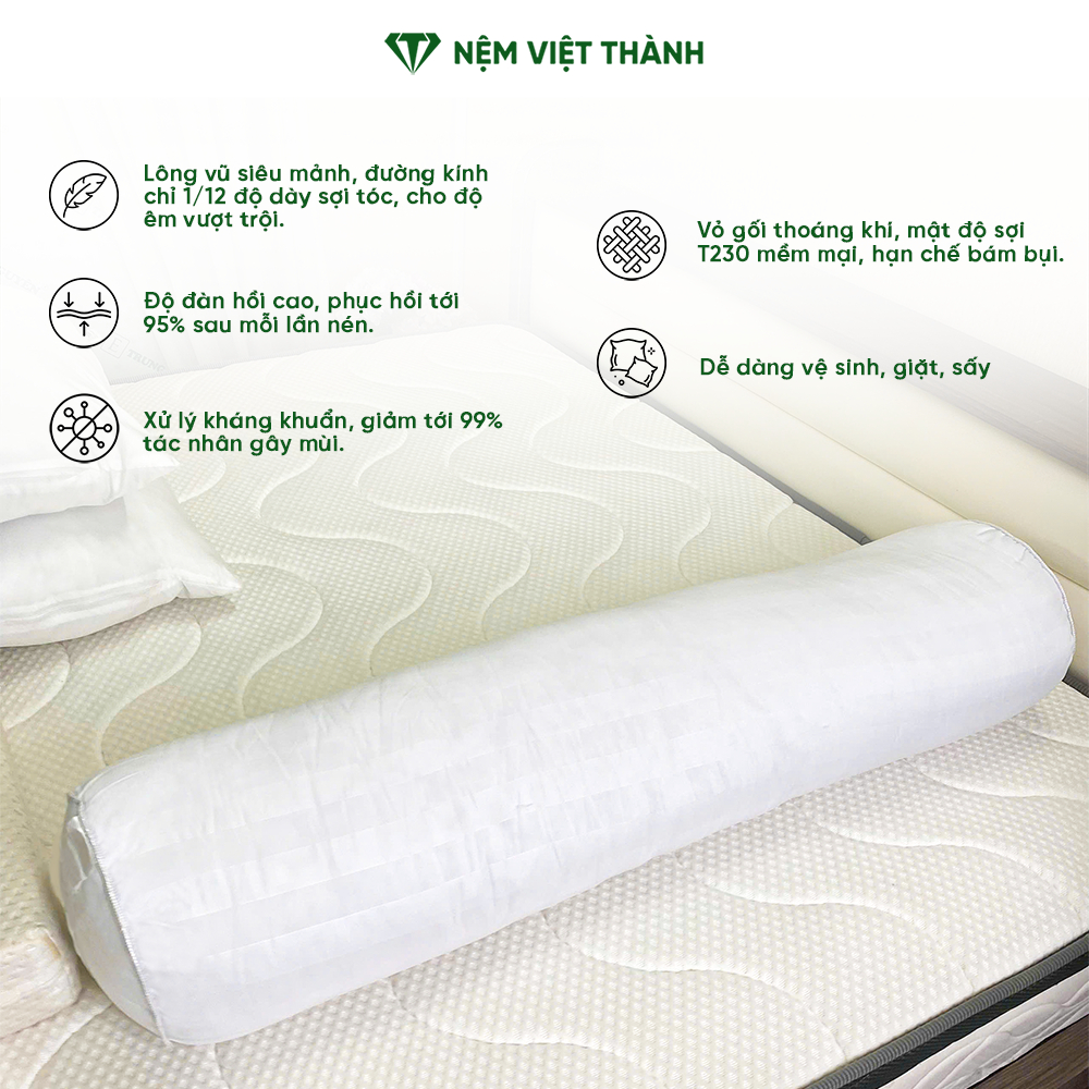 [CHUẨN KHÁCH SẠN] Gối Ôm Lông Vũ Việt Thành Thoáng Khí, Mềm Mịn, Không Xẹp, Không Vón Cục, Ôm Sát Cơ Thể, Có Khóa Kéo.