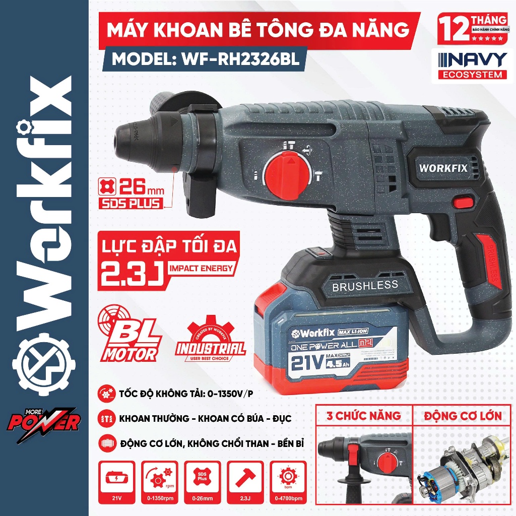 Máy Khoan Bê Tông Pin 26mm Workfix WF-RH2326BL Không Chổi Than – Lực Đập 2.3J – SDS Plus – 3 Chức Năng – Pin 21V