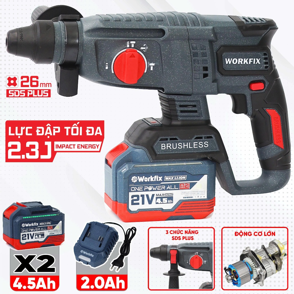 Máy Khoan Bê Tông Pin 26mm Workfix WF-RH2326BL Không Chổi Than – Lực Đập 2.3J – SDS Plus – 3 Chức Năng – Pin 21V