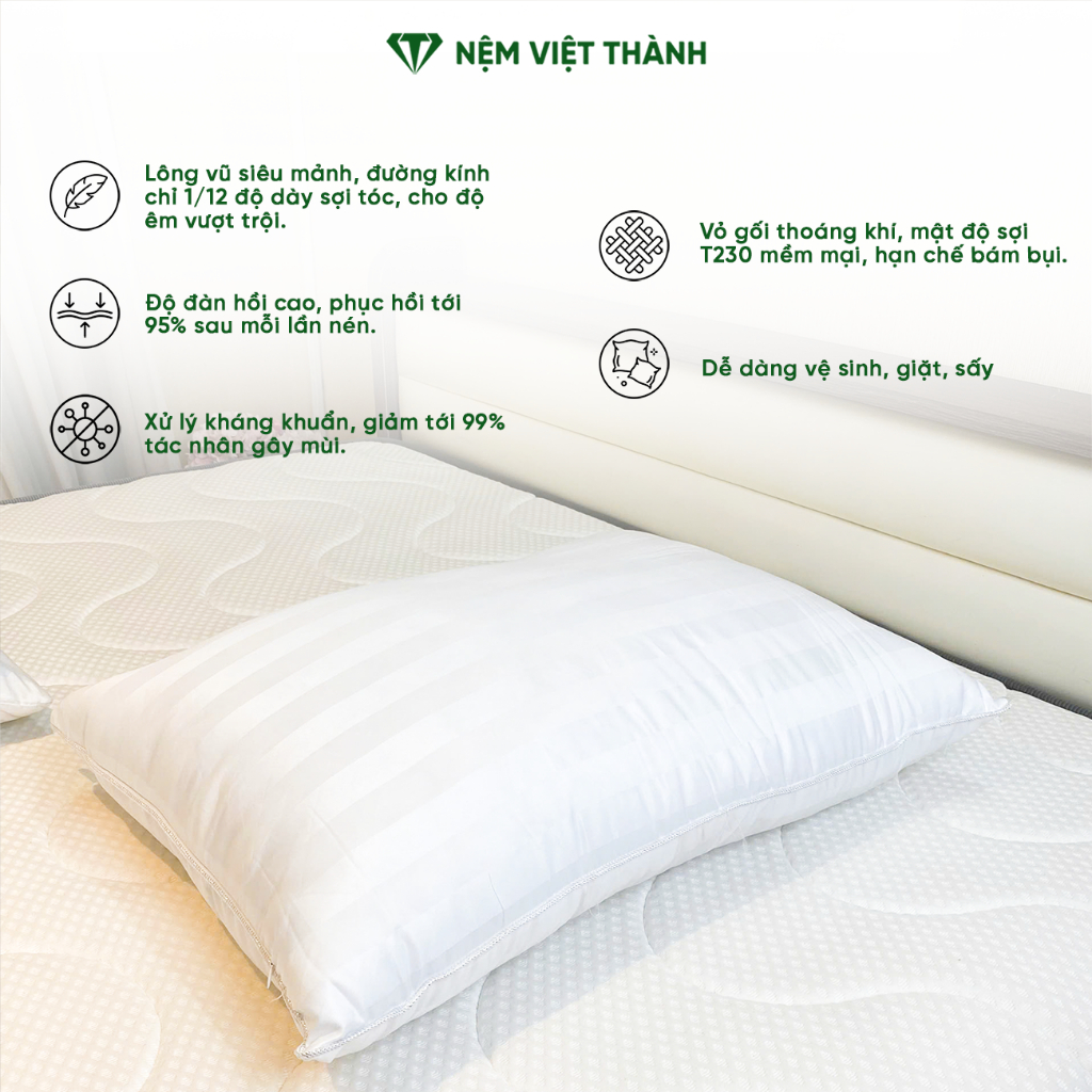 Gối nằm lông vũ Việt Thành cao cấp, chuẩn khách sạn 5 sao, bồng bềnh, êm ái, bảo vệ tốt sức khoẻ.