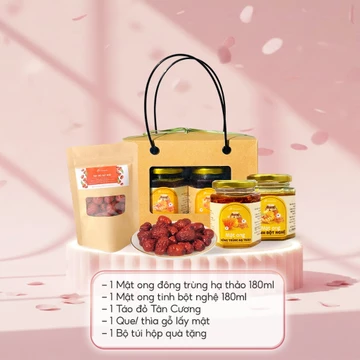 Set quà 20/10 Mật Ong Thảo Dược Mộc Hương Sơn: Mật ong tinh bột nghệ, mật ong đông trùng kèm táo đỏ