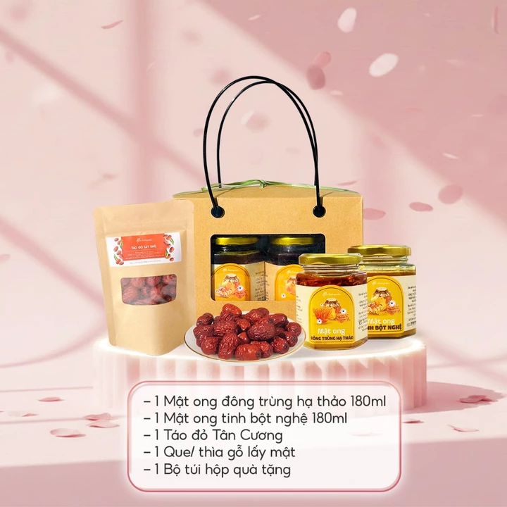 Set quà 20/10 Mật Ong Thảo Dược Mộc Hương Sơn: Mật ong tinh bột nghệ, mật ong đông trùng kèm táo đỏ