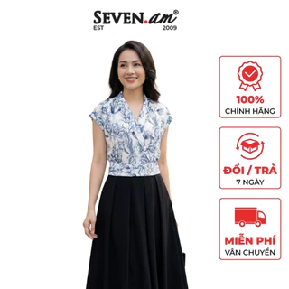 Áo kiểu tơ hoa vân cổ ve trắng xanh ghi thời trang nữ Seven.AM H103249I