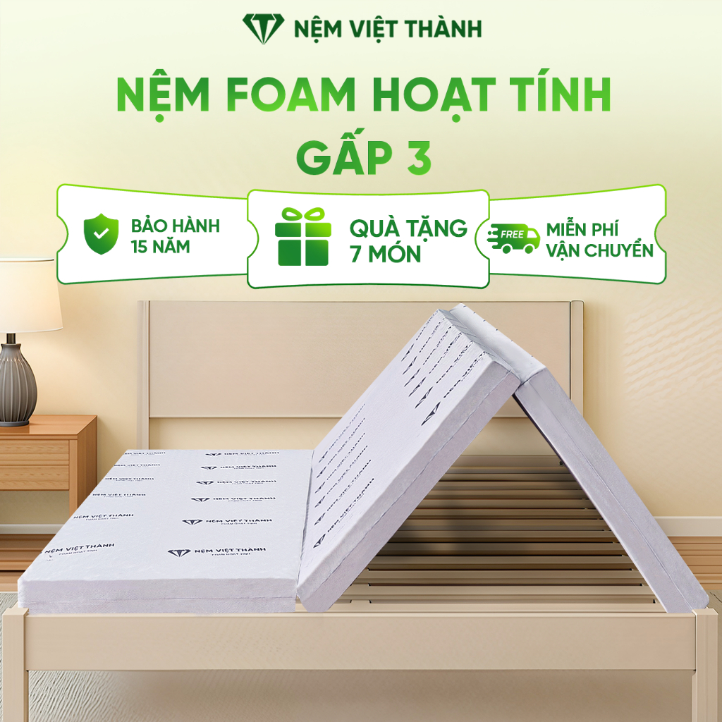 [MUA 1 TẶNG 7] Nệm Foam LIVING Hoạt Tính Gấp 3 Việt Thành, Bảo Vệ Sức Khoẻ, Nâng Đỡ, Đàn Hồi, Kháng Khuẩn, Tiện Lợi.