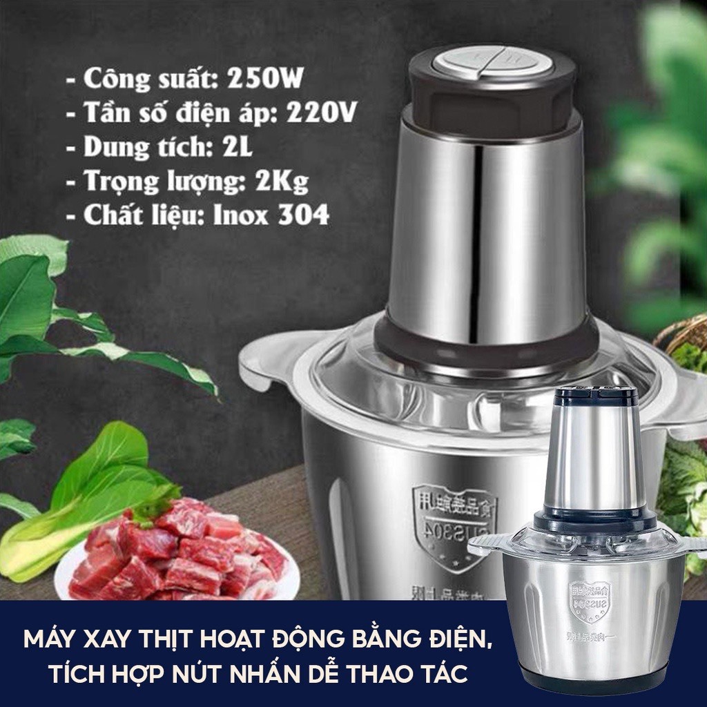 Máy xay thịt đa năng cối inox 2L cao cấp công suất 250W xay thịt cá rau củ tỏi ớt tiện lợi