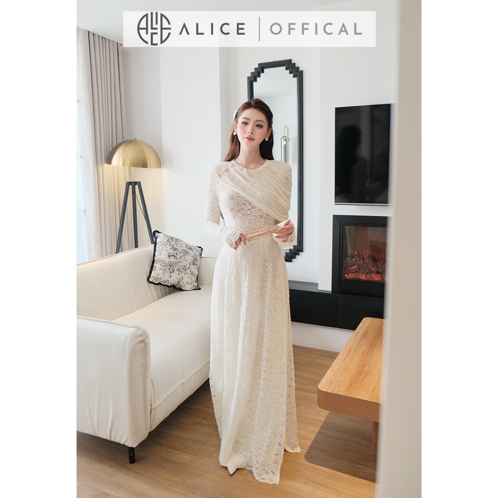 Áo Dài Cách Tân Alice Chất Ren Mềm Màu Kem Nữ Tín, Áo Phối Lệch Vai Cổ Tròn Kèm Quần Lụa AD1064