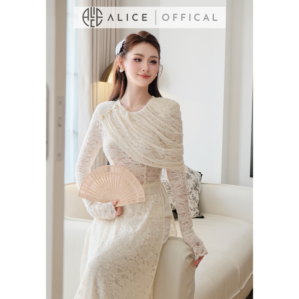 Áo Dài Cách Tân Alice Chất Ren Mềm Màu Kem Nữ Tín, Áo Phối Lệch Vai Cổ Tròn Kèm Quần Lụa AD1064