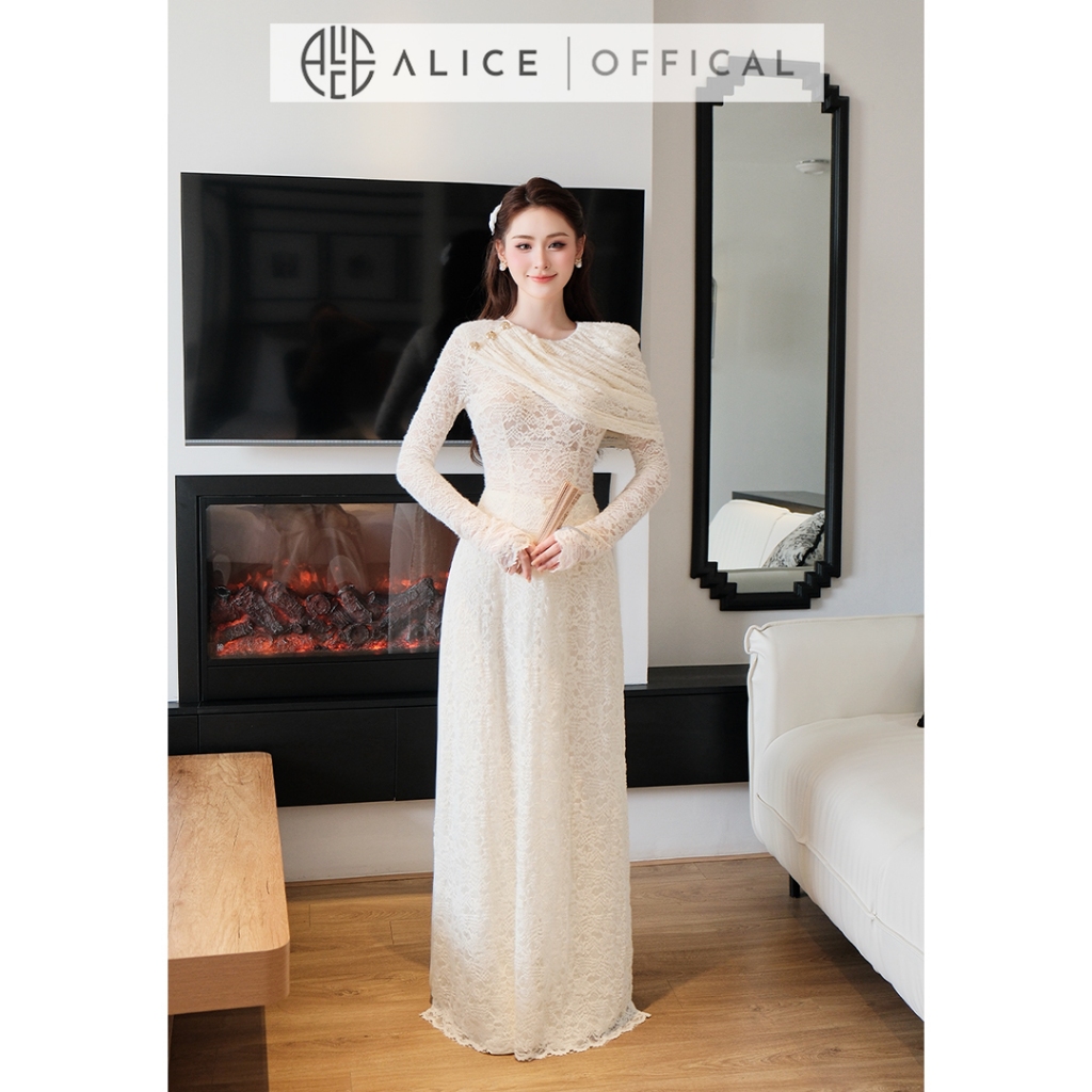 Áo Dài Cách Tân Alice Chất Ren Mềm Màu Kem Nữ Tín, Áo Phối Lệch Vai Cổ Tròn Kèm Quần Lụa AD1064