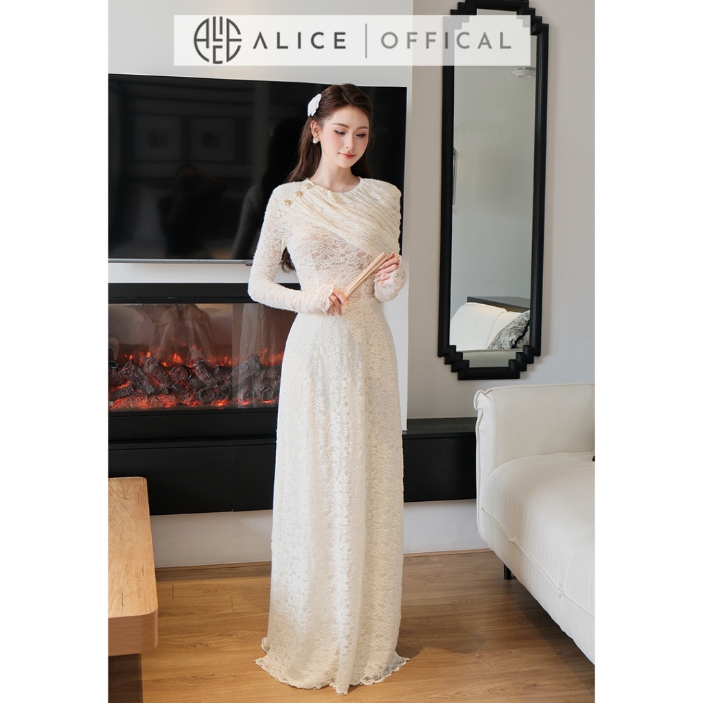 Áo Dài Cách Tân Alice Chất Ren Mềm Màu Kem Nữ Tín, Áo Phối Lệch Vai Cổ Tròn Kèm Quần Lụa AD1064