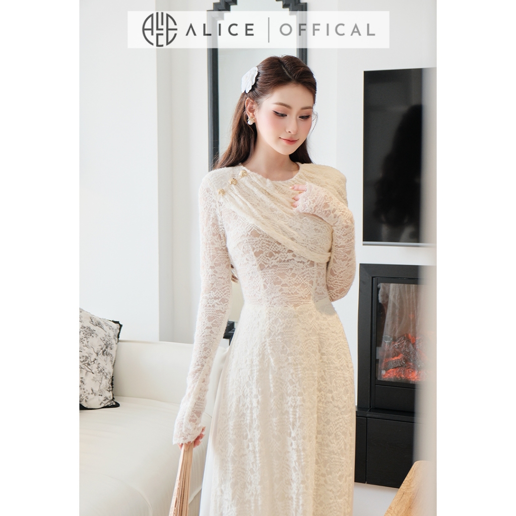 Áo Dài Cách Tân Alice Chất Ren Mềm Màu Kem Nữ Tín, Áo Phối Lệch Vai Cổ Tròn Kèm Quần Lụa AD1064