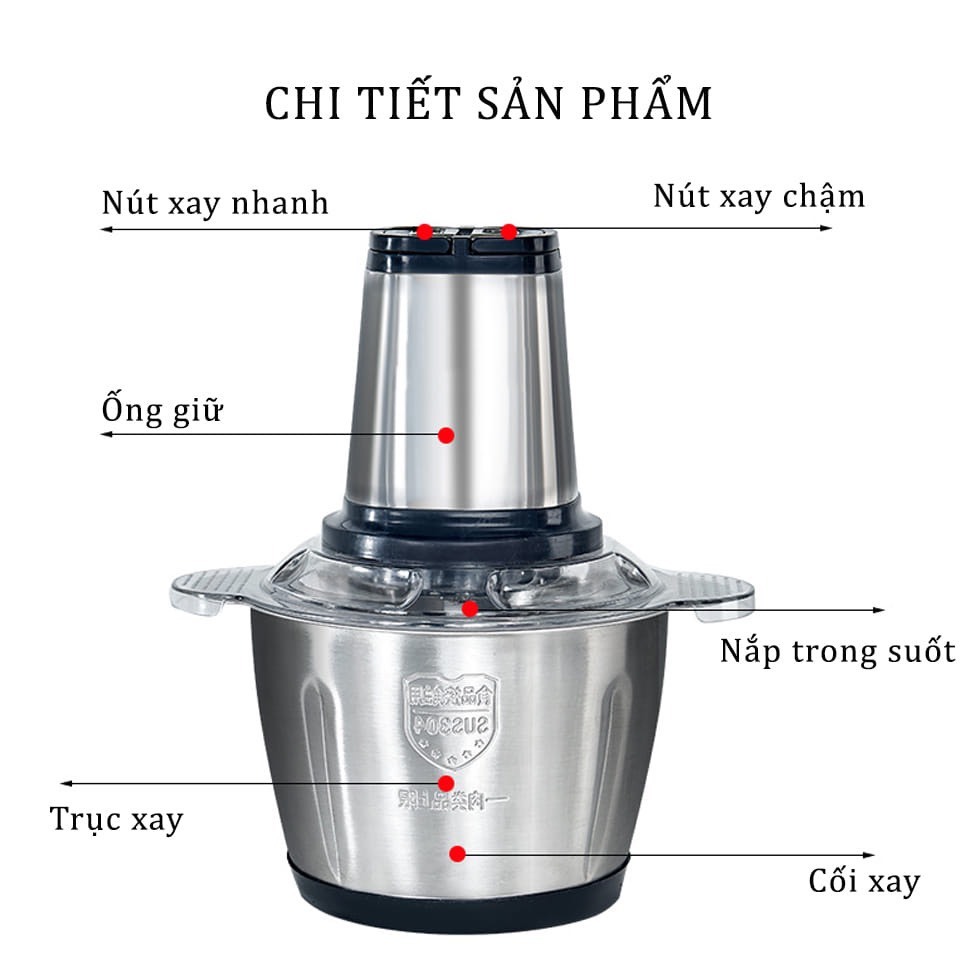 Máy xay thịt đa năng cối inox 2L cao cấp công suất 250W xay thịt cá rau củ tỏi ớt tiện lợi