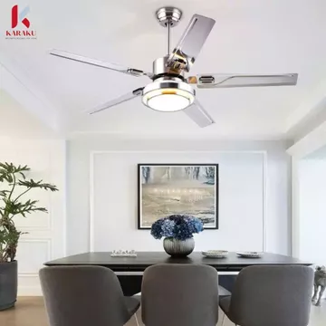 Quạt Trần Đèn 5 Cánh Màu Ghi Bạc K04, Quạt Trần Trang Trí, Động Cơ DC, Có Đảo Chiều, Đèn Led 3 Màu