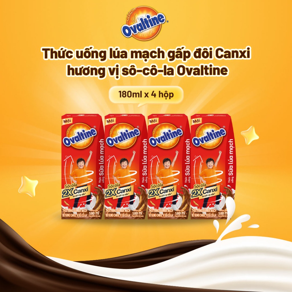 [Date tháng 1 2027] Thức uống lúa mạch gấp đôi Canxi hương vị sô-cô-la Ovaltine hỗ trợ tăng chiều cao (180ml x 4)