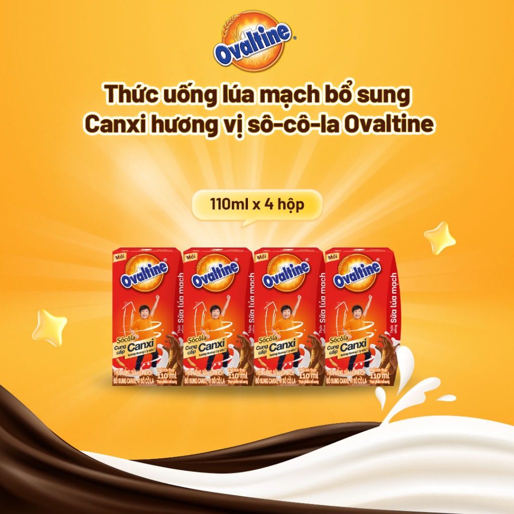 Thức uống lúa mạch thêm Canxi hương vị sô-cô-la Ovaltine hỗ trợ tăng chiều cao (110ml x 4)