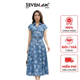 Chân váy xếp ly họa tiết cách điệu trắng nền xanh ghi thời trang nữ Seven.AM H730323I