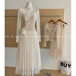 TRIANGLE - Therr Set (Cân nhắc kỹ, return is not welcomed)- Set áo ren mix chân váy voan mùa thu đi tiệc sang chảnh