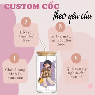 Cốc Thủy Tinh In Hình Theo Yêu Cầu 500ml, Ly Thủy Tinh Nắp Tre 16Oz Chịu Nhiệt Kèm Phụ Kiện, Quà Tặng Sinh Nhật