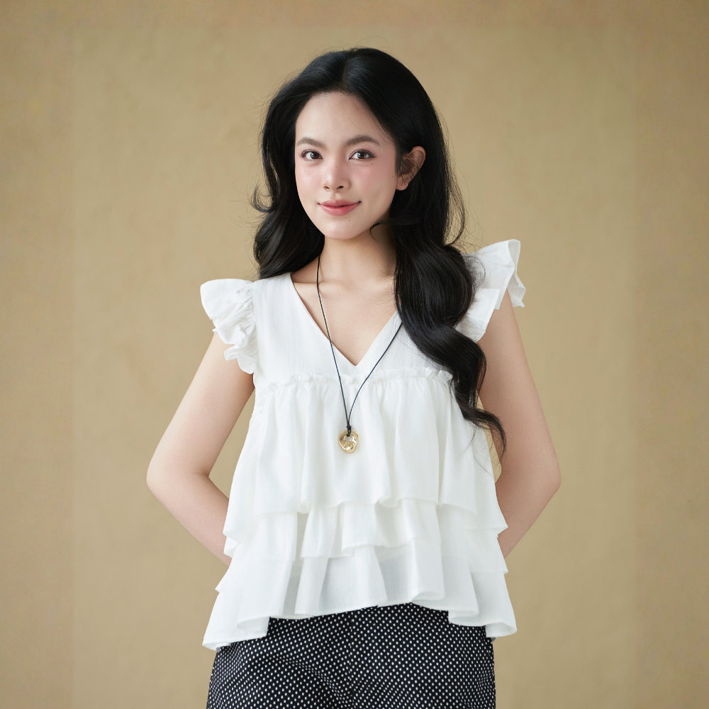 Áo kiểu nữ cổ tim Laura Miều Est.2013 tay bèo chất liệu Linen gân