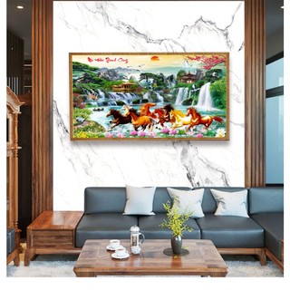 Tranh vải dán tường in 6D hình 8 con ngựa, Tranh Mã Đáo Thành Công, Tranh phong thủy trang trí phòng khách PC01 - BIATON