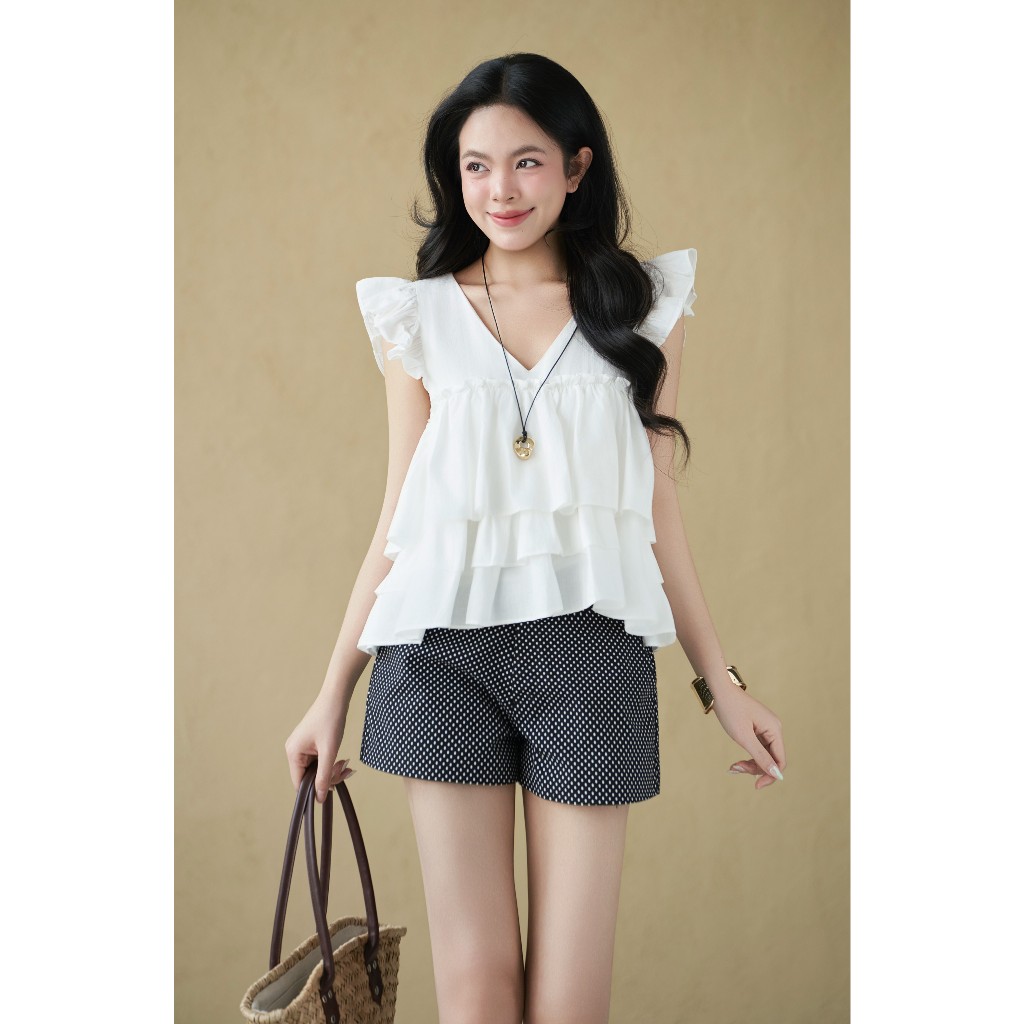 Áo kiểu nữ cổ tim Laura Miều Est.2013 tay bèo chất liệu Linen gân