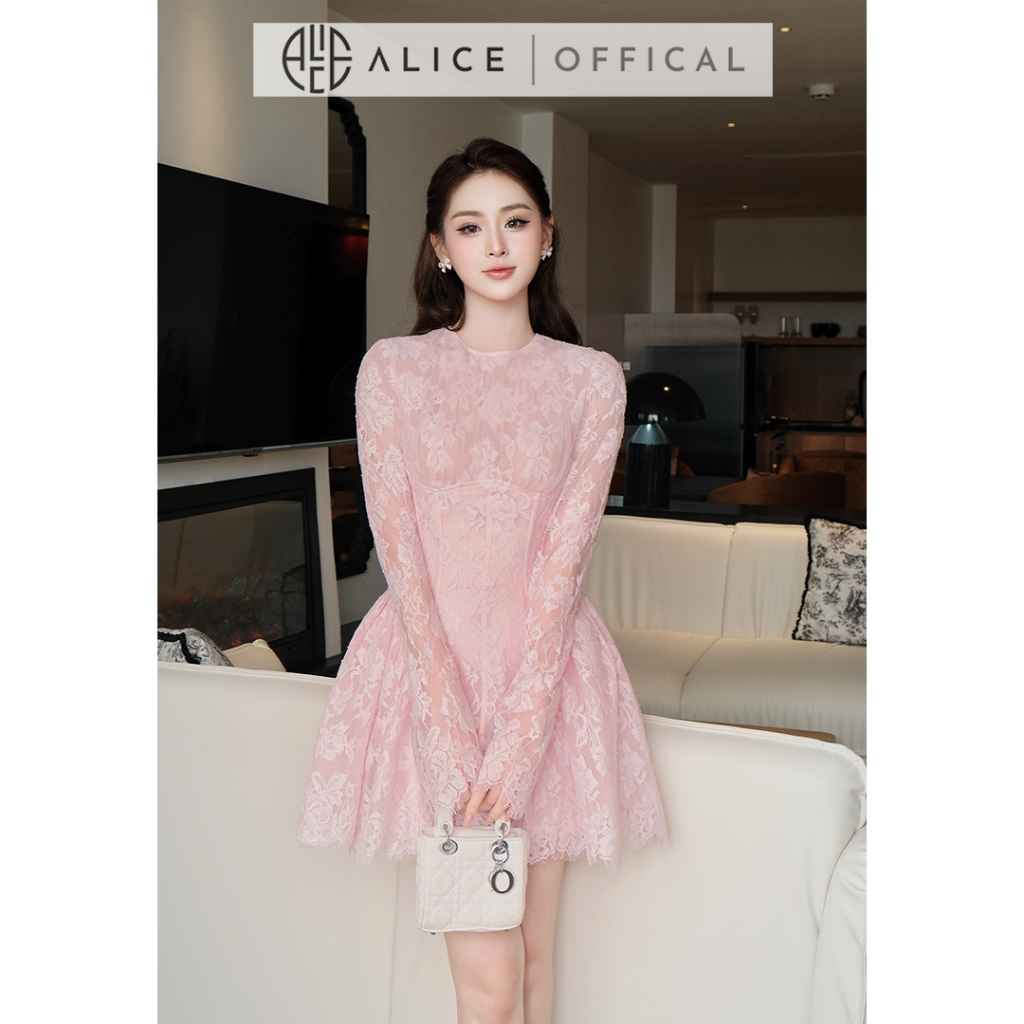 Váy Ren Nữ Cao Cấp Alice Phối Lưới Nữ Tính, Đầm Ngắn Cổ Tròn Xòe Bồng Màu Hồng Pastel Sang Chảnh V1450