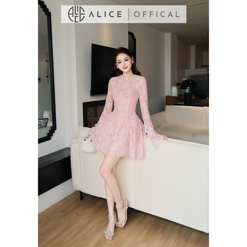 Váy Ren Nữ Cao Cấp Alice Phối Lưới Nữ Tính, Đầm Ngắn Cổ Tròn Xòe Bồng Màu Hồng Pastel Sang Chảnh V1450