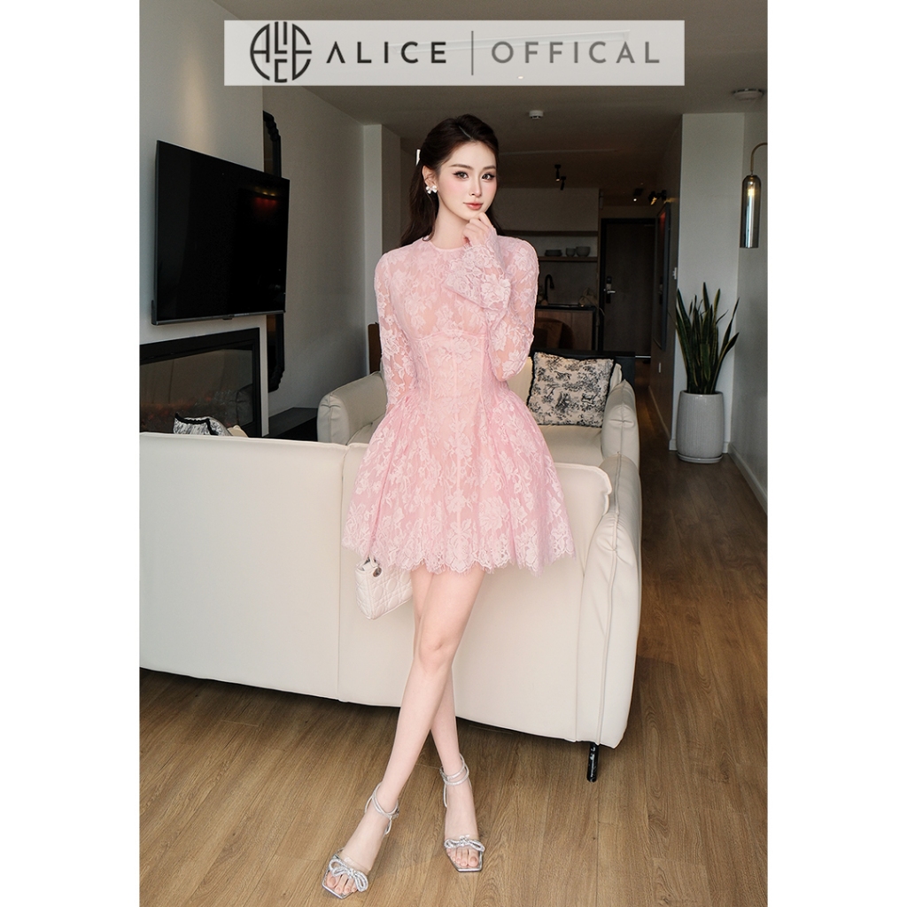 Váy Ren Nữ Cao Cấp Alice Phối Lưới Nữ Tính, Đầm Ngắn Cổ Tròn Xòe Bồng Màu Hồng Pastel Sang Chảnh V1450