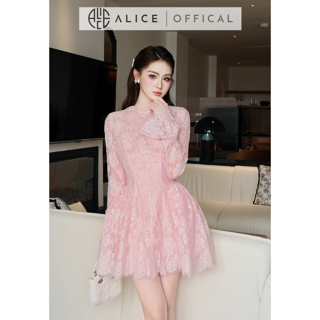 Váy Ren Nữ Cao Cấp Alice Phối Lưới Nữ Tính, Đầm Ngắn Cổ Tròn Xòe Bồng Màu Hồng Pastel Sang Chảnh V1450