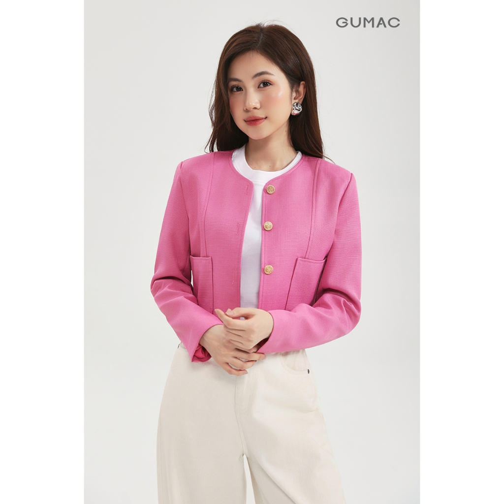 Áo Khoác Dạ Nữ GUMAC Dáng Lửng Cổ Tròn Tay Dài Có Đệm Vai Chất Bố Đứng Form LOWF1110