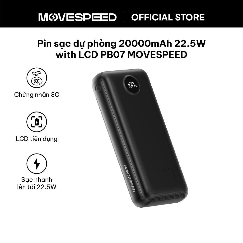 Pin sạc dự phòng MoveSpeed  20000mAh 22.5W LCD PB07 – tích hợp màn hình hiển thị pin, sạc nhanh