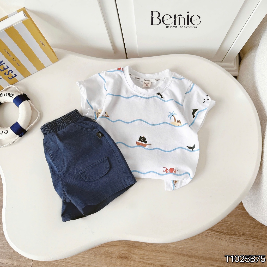 Bộ cotton hoạ tiết ocen dễ thương cho bé trai, set bộ cotton quần kaki bé trai