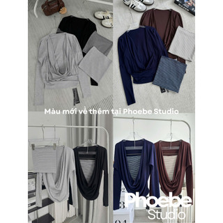 Set Nữ Áo Ống Sọc Áo Tay Dài Cổ Đổ - Phoebe Studio [SET0044]