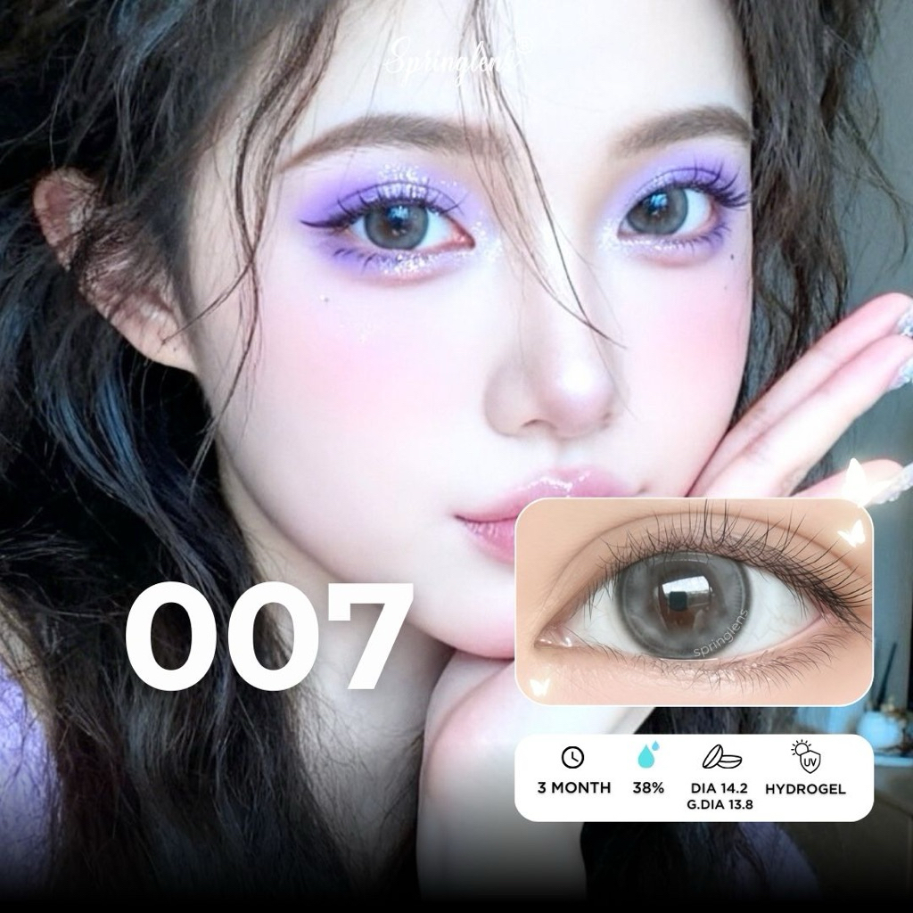 Kính áp tròng 007 Gray xám xanh viền mỏng có giãn tròng 3 tháng 0-7 độ | Spring Lens