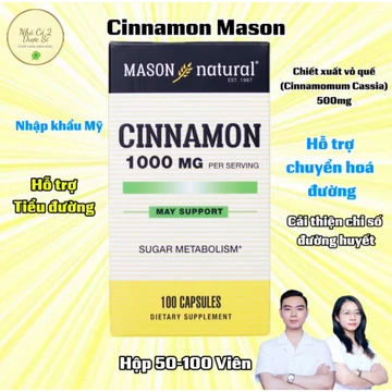 [HỖ TRỢ TIỂU ĐƯỜNG] Mason Natural Cinnamon Hộp 50-100 Viên 1000mg Hỗ Trợ Chuyển Hóa Đường, Cải Thiện Chỉ Số Đường Huyết