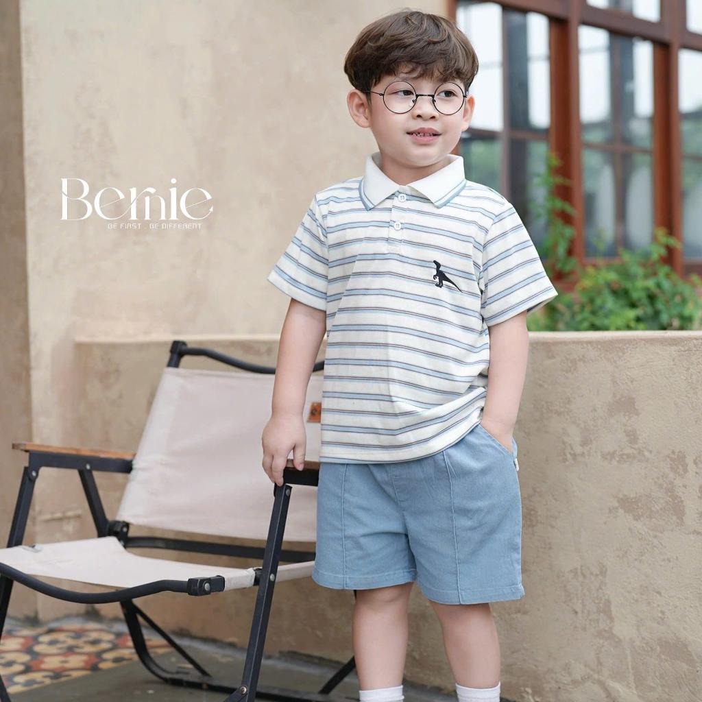 (Hãng Bernie)Bộ quần áo polo cộc tay polo họa tiết kẻ khủng long ,.chất áo cotton co giãn phối quần kaki jean mềm mại