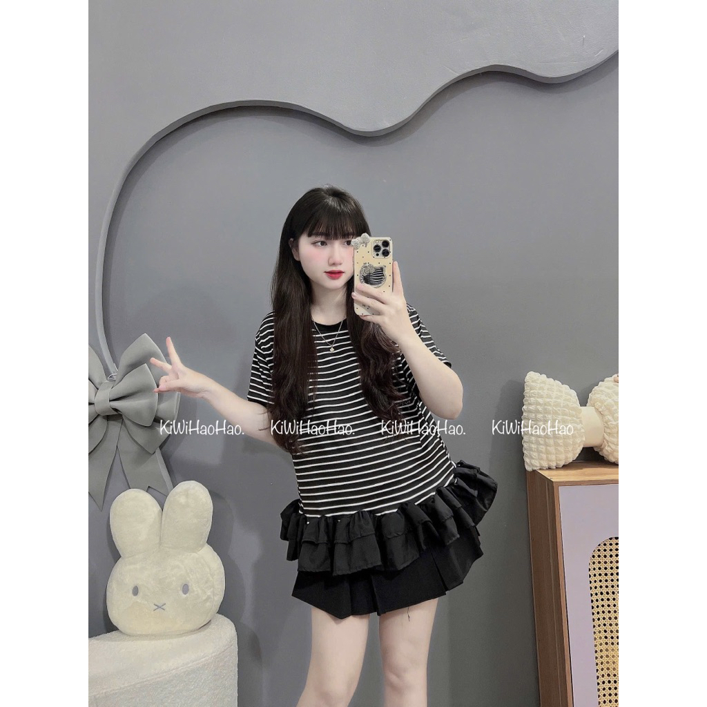 ÁO BẦU CỘC TAY KẺ NGANG PHA BÈO DUÔI ÁO XINH-2 màu