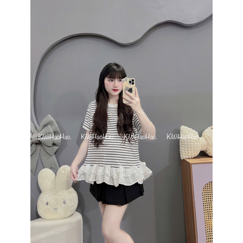 ÁO BẦU CỘC TAY KẺ NGANG PHA BÈO DUÔI ÁO XINH-2 màu