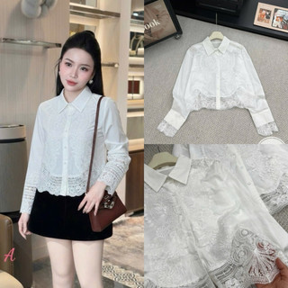 Áo sơ mi thô cổ đức dài tay pha ren hoa văn #2608/3060