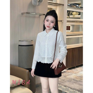 Áo sơ mi thô cổ đức dài tay pha ren hoa văn #2608/3060