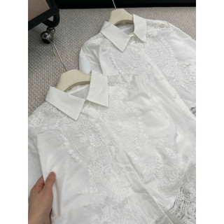 Áo sơ mi thô cổ đức dài tay pha ren hoa văn #2608/3060