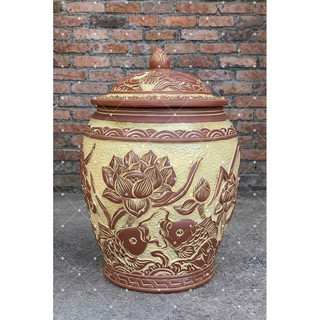 Hũ gạo [10-20kg]- Chĩnh đựng gạo hoạ tiết sen cá cổ Tài Lộc, Hũ đựng gạo, Chum gạo tài lộc phong thuỷ tài lộc