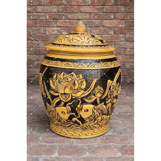 Hũ gạo [10-20kg]- Chĩnh đựng gạo hoạ tiết sen cá cổ Tài Lộc, Hũ đựng gạo, Chum gạo tài lộc phong thuỷ tài lộc