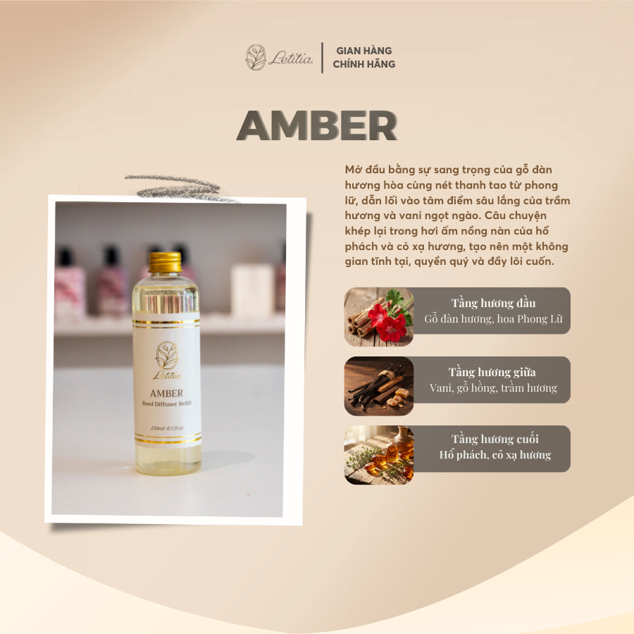 Tinh Dầu Refill Tiết Kiệm Letitia Hương Amber giúp thơm phòng, thư giãn, khử mùi - Size 250ml