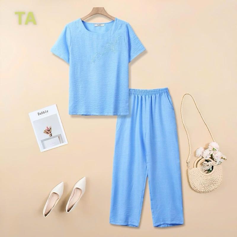 [TA] Đồ Bộ Trung Niên Mã TA-12 FREESHIP,Cổ Tròn Thêu Họa Tiết Thiết Kế,Vải Đũi Nhập Khẩu Mềm Mại Co Giãn,Quần Suông
